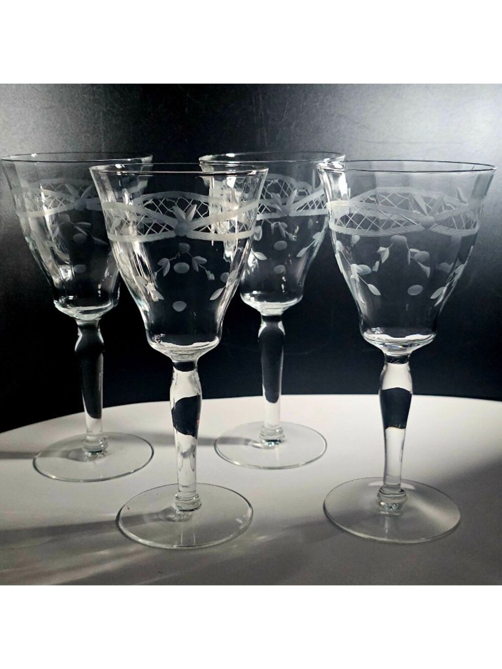 4 McBride Vintage Water Glasses 7.5" etched lacey geometric wine goblets 1970s